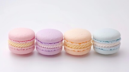 Three colorful macarons on a pink background