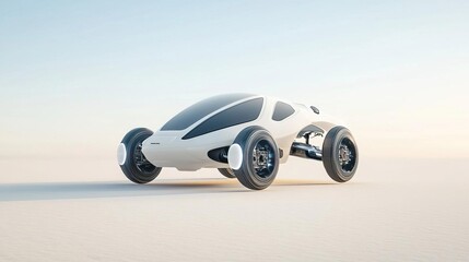 Futuristic electric car concept in a desert setting.
