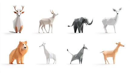 Obraz premium Set of eight polygonal wild animals, including deer, elephant, lion, giraffe, and more.