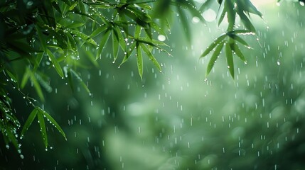 Obraz premium Lush green leaves glisten with raindrops, creating a serene, tranquil atmosphere in a vibrant natural setting.