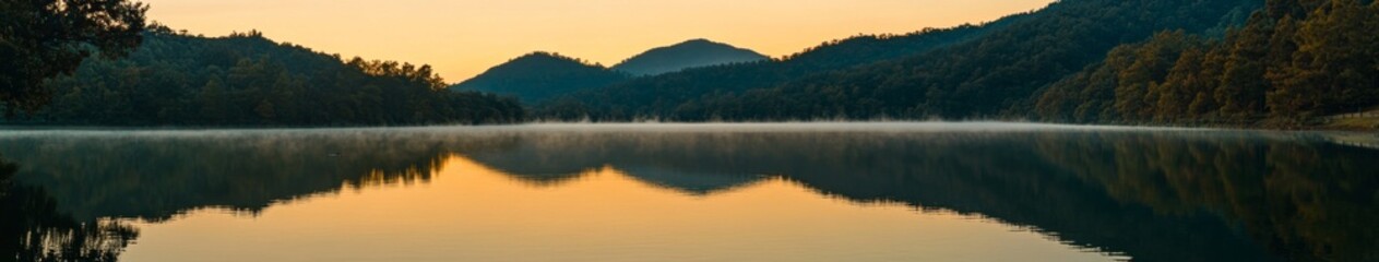 Serene Mountain Lake at Dawn: Aerial View of Misty Waters Surrounded by Pine Forests. Tranquil Reflection Creates Perfect Mirror Image in Crystal-Clear Lake, Ideal for Nature Tourism and Summer Vacati