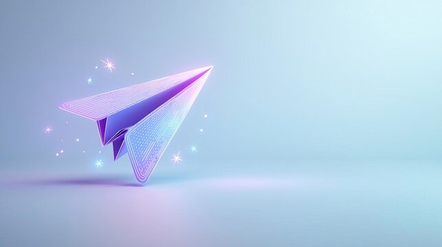Abstract paper airplane with glowing particles in a blue background.