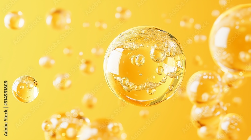 Poster bubbles floating in a bright yellow liquid create a vibrant and dynamic visual effect during a sunny