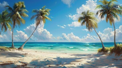 Serene tropical beach scene with palm trees, azure waters, and fluffy clouds under a bright sky. Perfect for relaxation and escape.