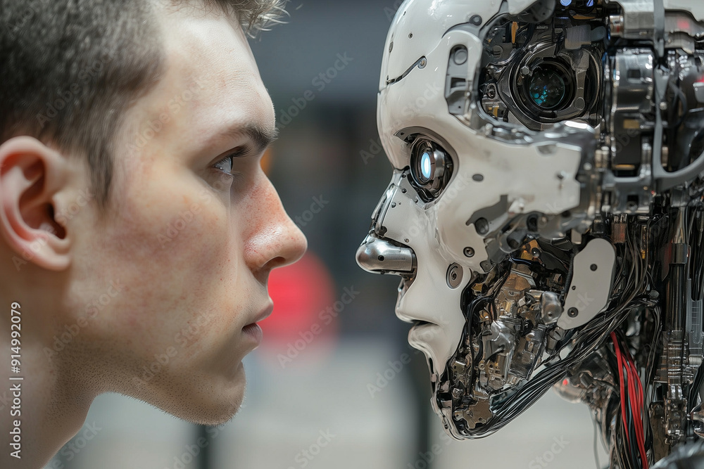 Poster man is looking at a robot with a white face. the robot has a metallic appearance and is wearing a pa
