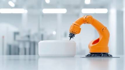 Orange robotic arm working on a white object in a clean factory setting.