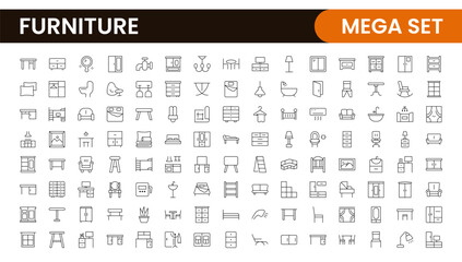 Furniture and home interior elements - thin line web icon set. Outline icons of kitchen, living room, bedroom and office collection.