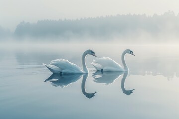 Two elegant swans glide gracefully on a misty lake, reflecting their beauty in the calm water under soft sunlight.