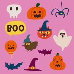 Naklejka premium Set of design elements for Halloween. Pumpkin, skull, spider, cat vampire, ghost. Illustrations