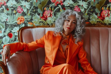 Elegant Senior Woman in Orange Suit Posing on Floral Couch
