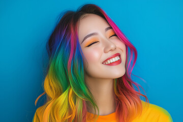 Fototapeta premium woman with rainbow colored hair is smiling and looking at the camera. She is wearing a colorful shirt and has a bright, happy expression on her face