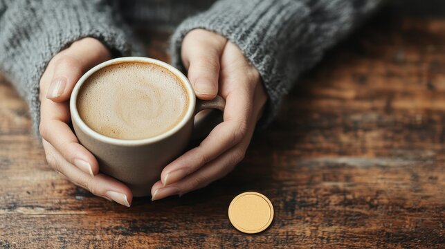 A close-up of a person s hands holding a cup of coffee, with a sobriety chip on the table next to them, symbolizing daily commitment to recovery