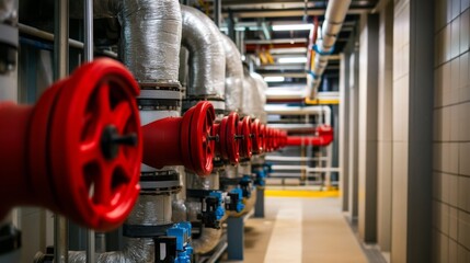 Industrial Boiler Room Pipe System with Red Valves