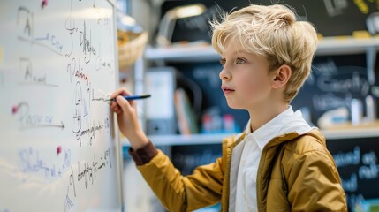 Young Boy Engaged in Solving Math Problems on Whiteboard