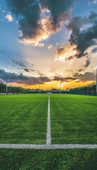 Dramatic dusk view of lush soccer field, ideal for text placement, capturing the green expansiveness