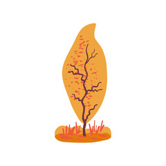 Hand drawn yellow tree with autumn texture and orange tones. Simple design with grass. Flat vector illustration. Icon.