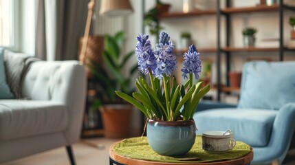 Blue Hyacinth Flowers in a Pot on a Wooden Table in a Living Room