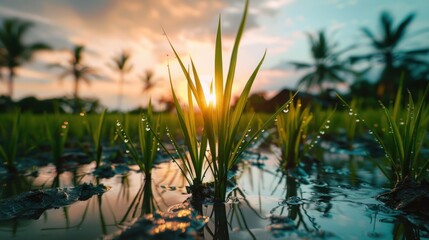 Dew-Covered Grass Blades with Reflections in a Pool of Water at Sunset