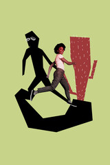 Vertical photo collage of happy american girl run outdoors cactus plant freak shadow spy stalker...