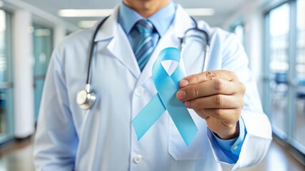 Doctor Holding Blue Ribbon for Prostate Cancer Awareness.