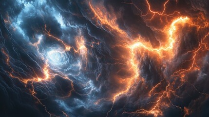 Fiery Lightning Bolts Flashing Through Dark Storm Clouds