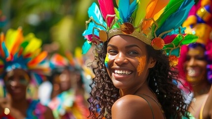 Vibrant Carnival Celebration with Smiling Woman in Colorful Feathered Headpiece