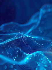 Abstract Blue Technological Background with Flowing Digital Waves and Dots