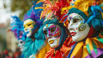 Vibrant Carnival Parade with Elaborate Masks and Colorful Costumes