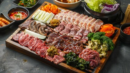 Obraz premium Japanese Yakiniku Meat Platter with Assorted Cuts and Fresh Vegetables on Wooden Board for Grilling - Gourmet Selection and Aesthetic Presentation