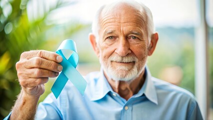 Senior man holding blue awareness ribbon. Concept of World Diabetes Day.
