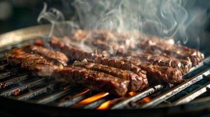 Intimate Close-up of Sizzling Yakiniku Grill with Perfectly Cooked Meat and Smoke Rising - Culinary Precision Showcase