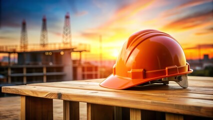 Construction Hard Hat on Wooden Table with Sunset Background.
