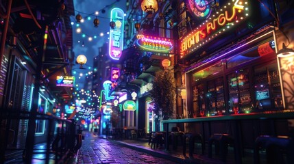 Nighttime View of a Neon-Lit City Street with Bar Stools