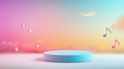 Eye level angle, vibrant podium floating amidst musical notes in colorful landscape