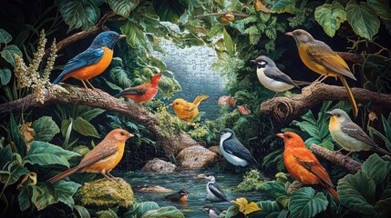 Fototapeta premium A vibrant illustration featuring a variety of colorful birds surrounded by lush greenery and serene water.