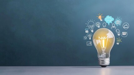Eye level angle, illuminating business ideas drawn lightbulb and icons on chalkboard