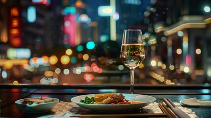Contemporary shanghai fine dining with local cuisine and drink against cityscape backdrop