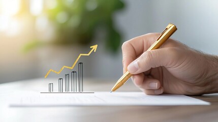 Hand drawing an upward trend line on a graph with a golden pen.