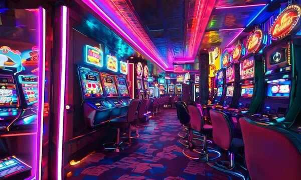A casino interior with neon lights and slot machines