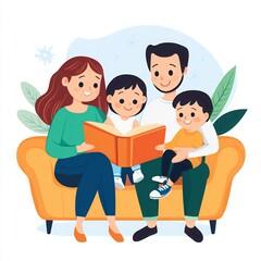 Happy family reading book together on sofa. Illustration of parents with children enjoying quality time. Perfect for family and parenting themes.