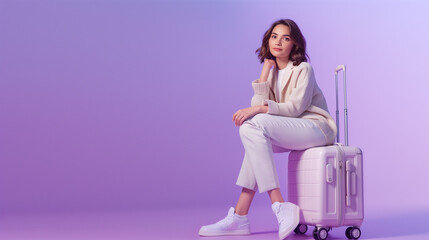 Young woman sit on suitcase sitting on light purple background