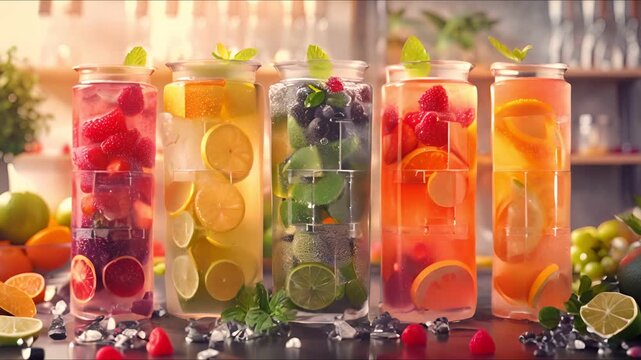 summer cool slush or smoothie iced fruit juice dispenser machine for refreshing chilled drinks in multi colored containers