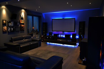 Living room interior with surround sound system with ambient lighting in a high-tech home cinema. Generative AI
