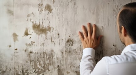 A man in white shirt, looking at the wall with black mold on it and touching one of them by hand.
