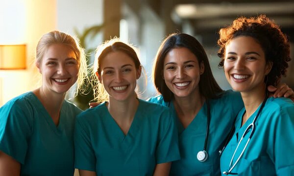 A group of diverse nurses smiles brightly, showcasing camaraderie and achievement in a healthcare environment
