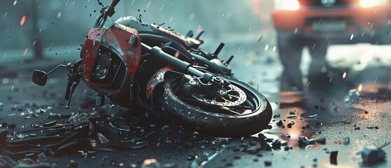 A devastating traffic collision scene showing a damaged motorcycle after a severe accident with a car