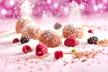 Fototapeta premium A dessert with chocolate and raspberries on a pink background. The dessert is sprinkled with powdered sugar