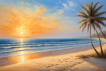 golden hour paints sky with vibrant hues as sun dips below horizon, casting long shadows on sandy beach