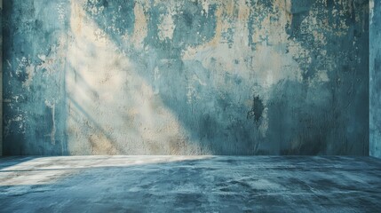 Weathered Blue Wall and Concrete Floor with Sunlight