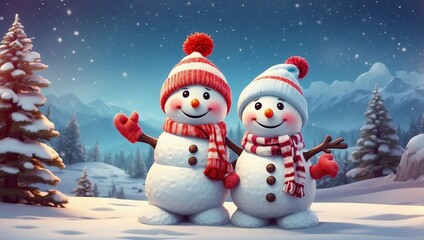 Fototapeta premium Snowman and cookie celebrate new year party with Christmas tree Merry Christmas and happy new year greeting concept.